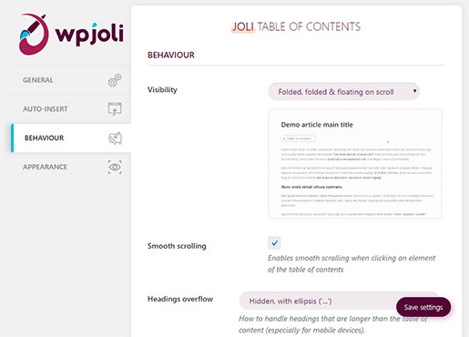 Joli Table Of Contents - Easy Configuration 5 JoliTOC control panel
